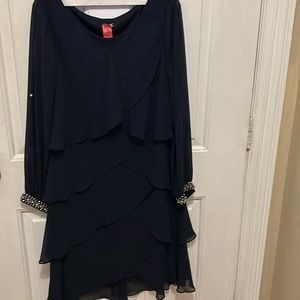 Navy blue SLNY tiered dress with silver jewel tone accents 14